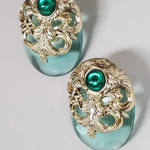 Etruscan Motif Acrylic and Gold-tone Earrings Large Statement - Picture 6 of 10